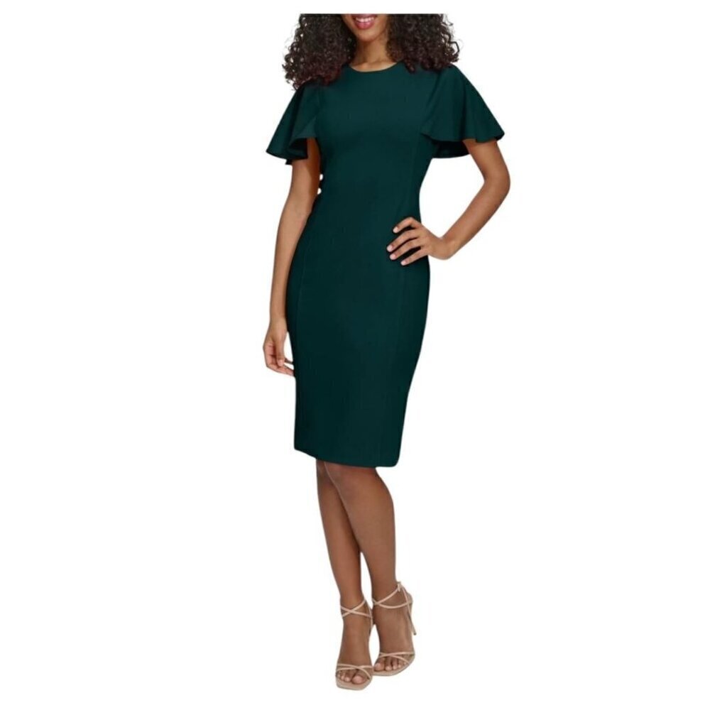 Calvin Klein Womens Dark Green Short Flutter Sleeve Sheath Midi Dress Sz 4 New